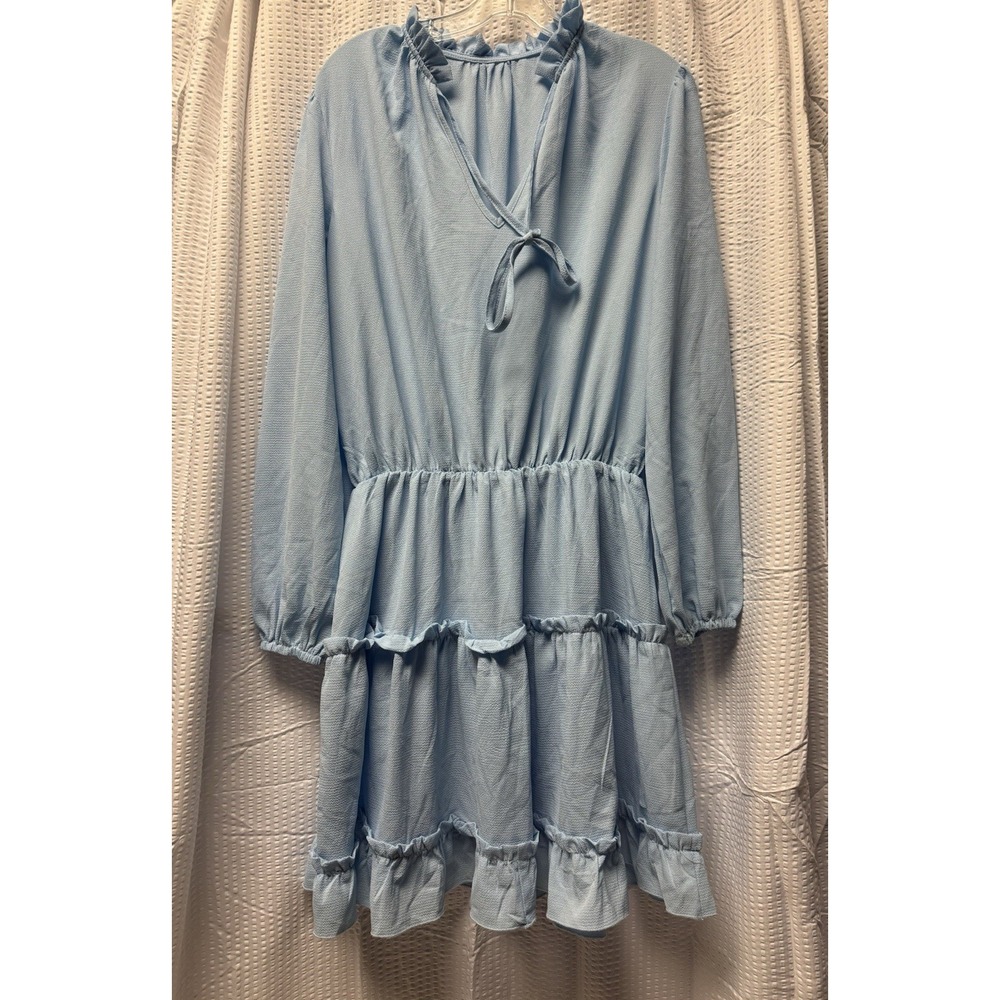 Women's Baby Blue Tiered Mini Dress‎ Tie Front Balloon Long Sleeve L